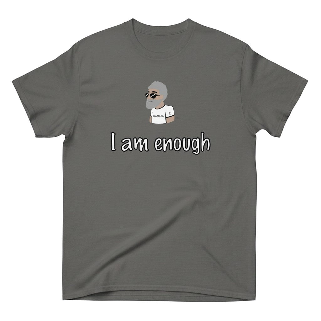 Big Daddy Allen Productions charcoal grey cotton t-shirt with "I Am Enough" graphic and cartoon character.