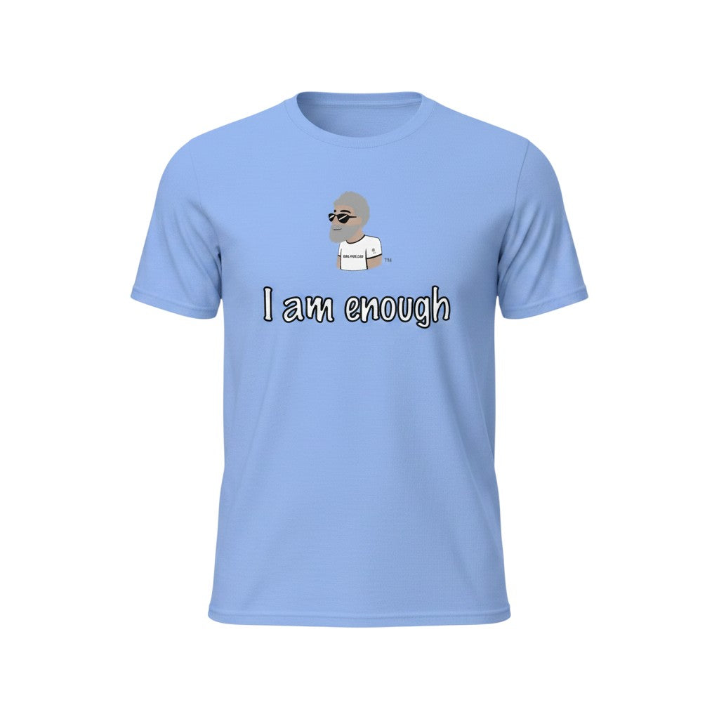 Big Daddy Allen Productions light blue cotton t-shirt with "I Am Enough" graphic and cartoon character.