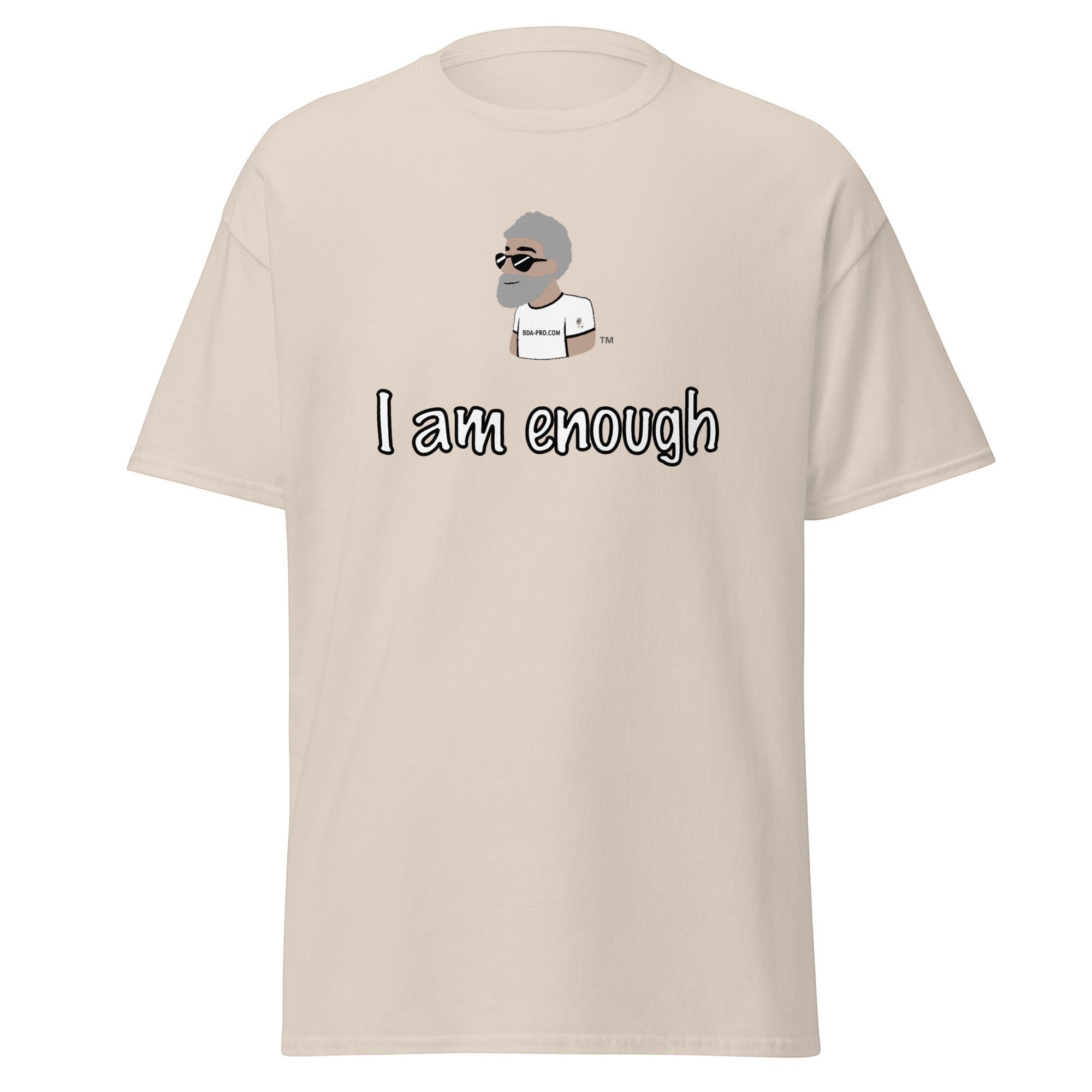 Big Daddy Allen Productions beige cotton t-shirt with  graphic I am enough and BDA logo