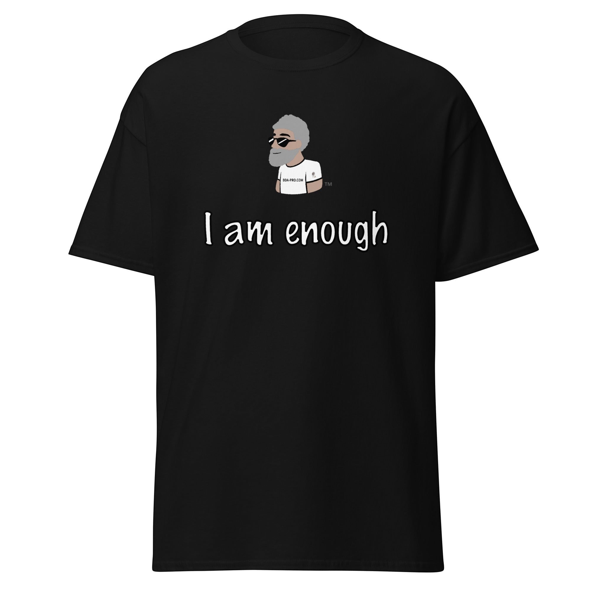 Big Daddy Allen Productions black cotton t-shirt with graphic I am enough and BDA logo