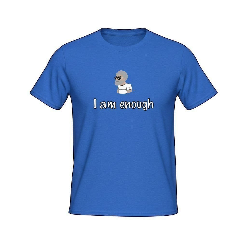 Big Daddy Allen Productions blue graphic t-shirt with "I Am Enough" text and cartoon man graphic.