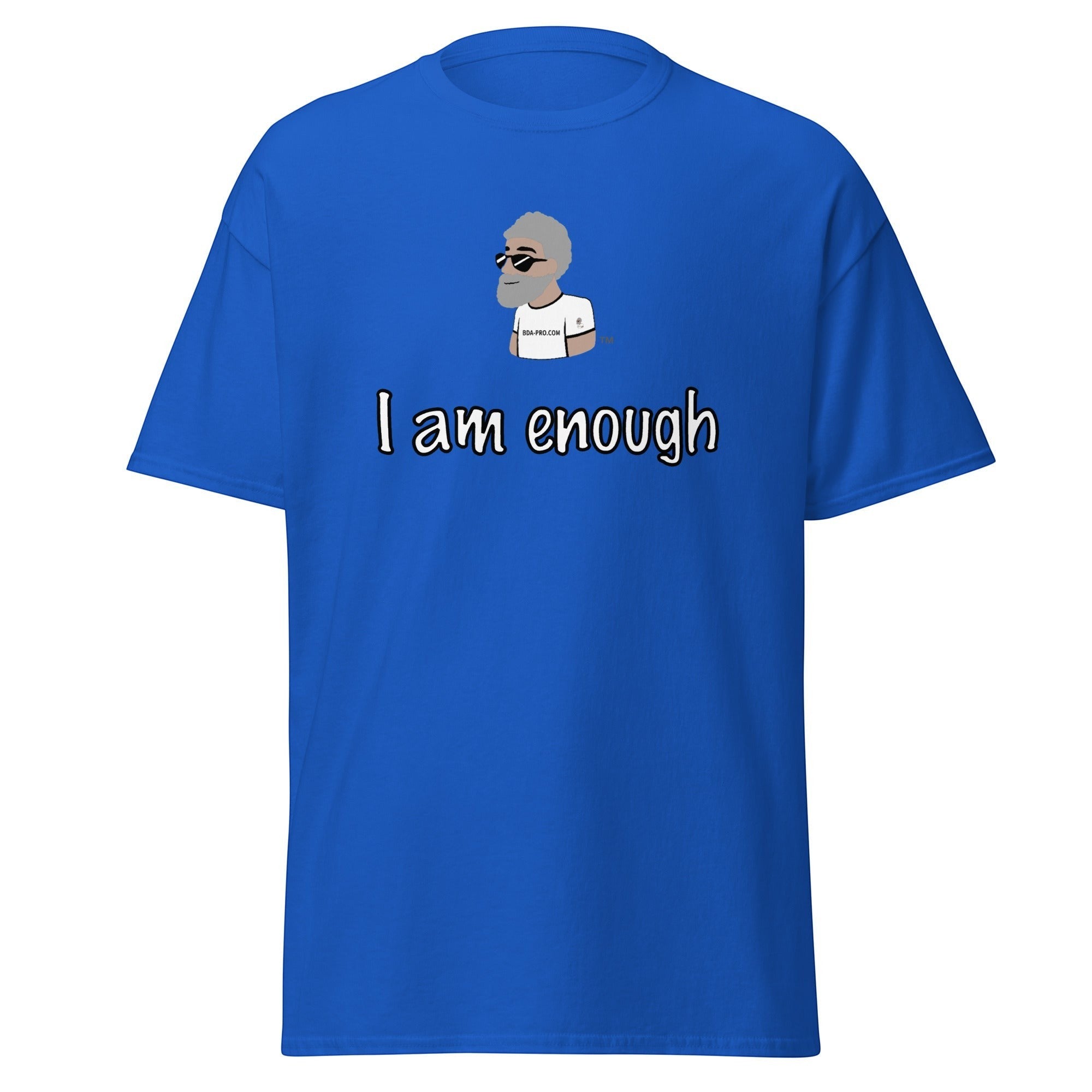 Big Daddy Allen Productions blue cotton t-shirt with graphic I am enough and BDA logo