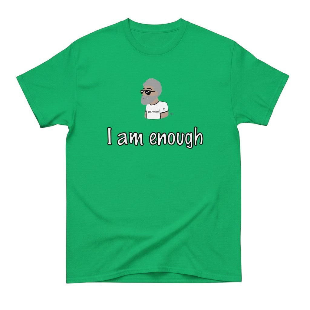 Big Daddy Allen Productions green cotton t-shirt with "I am enough" graphic and cartoon character.