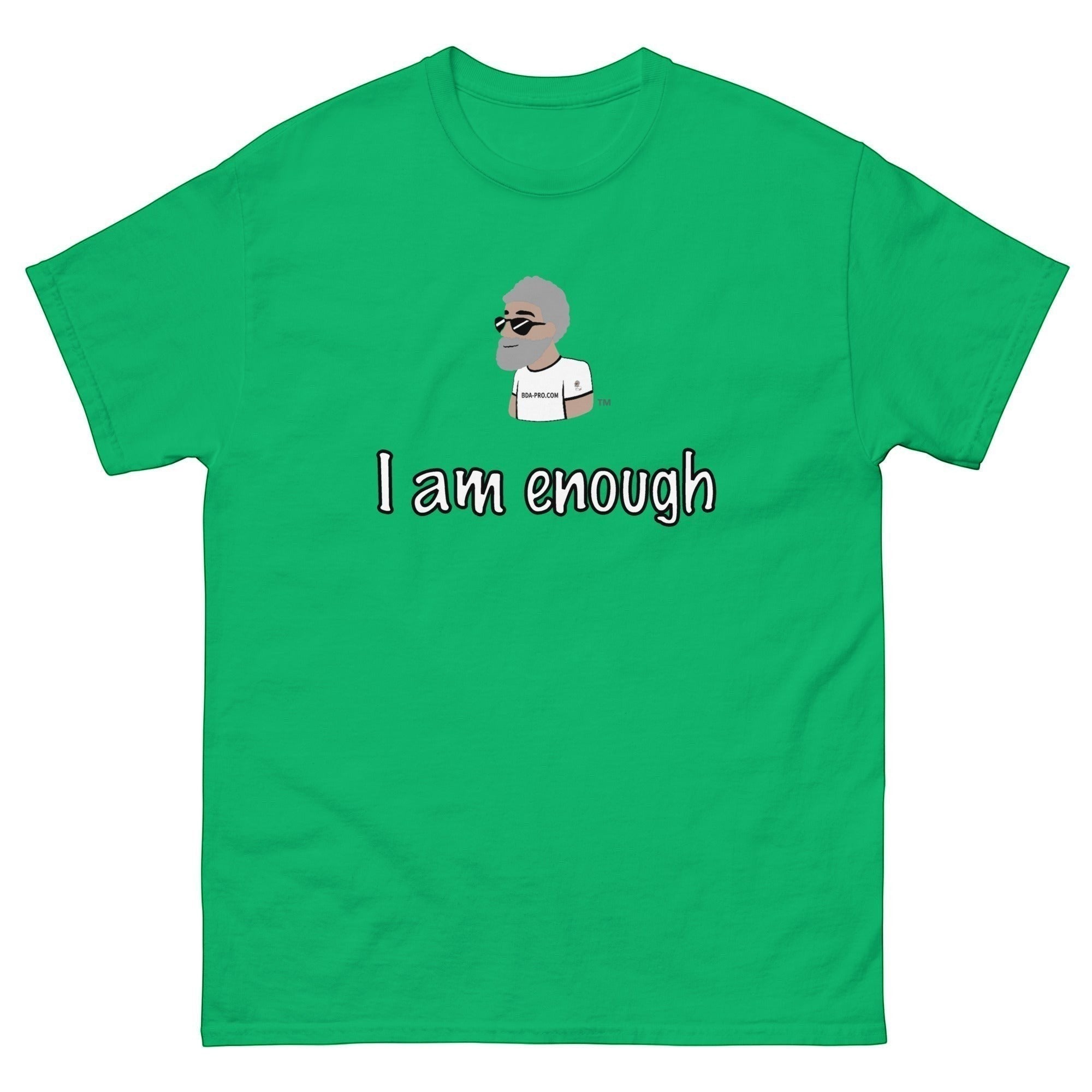 Big Daddy Allen Productions green cotton t-shirt with "I Am Enough" graphic and the BDA logo.