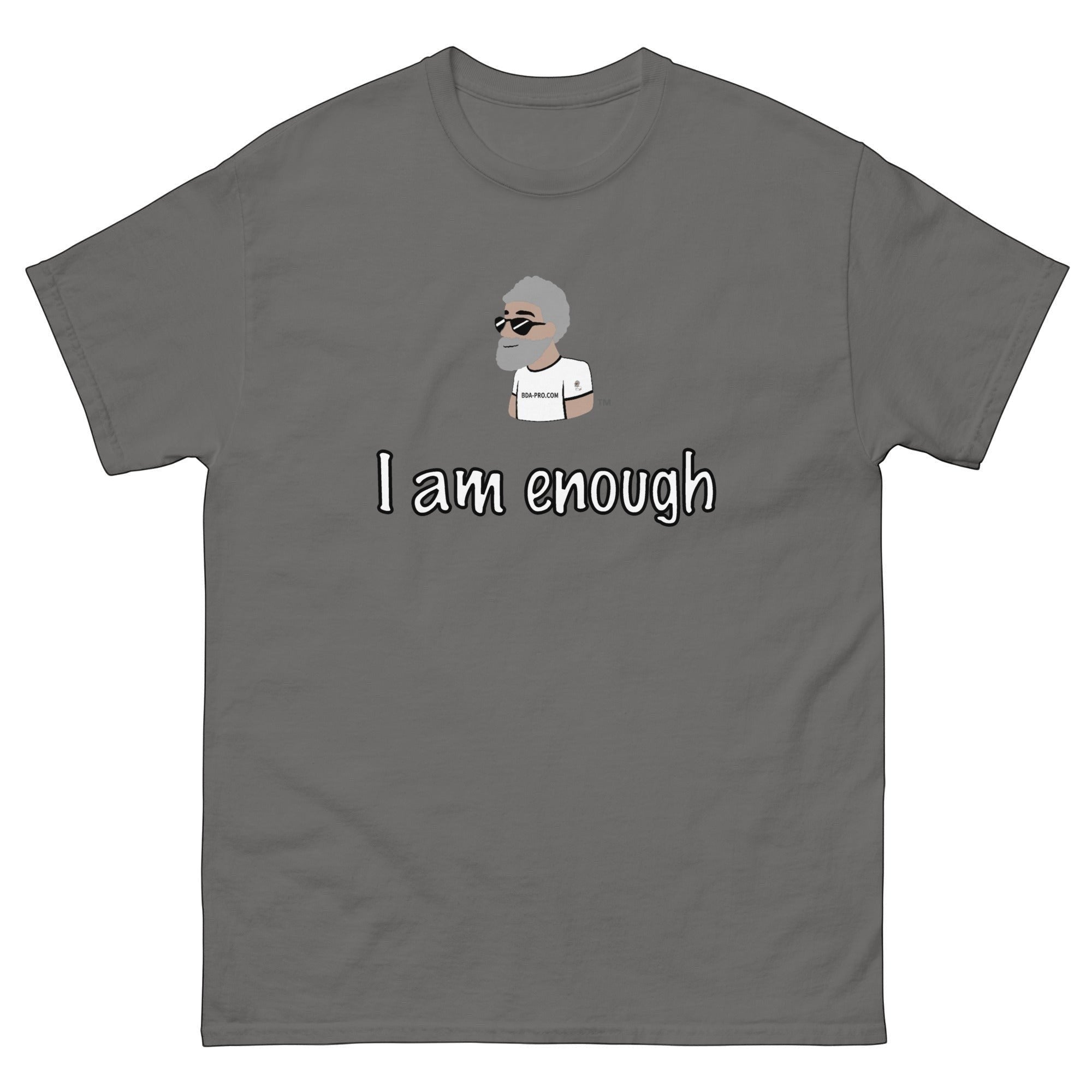 Big Daddy Allen Productions gray cotton t-shirt with "I Am Enough" graphic and the BDA logo.