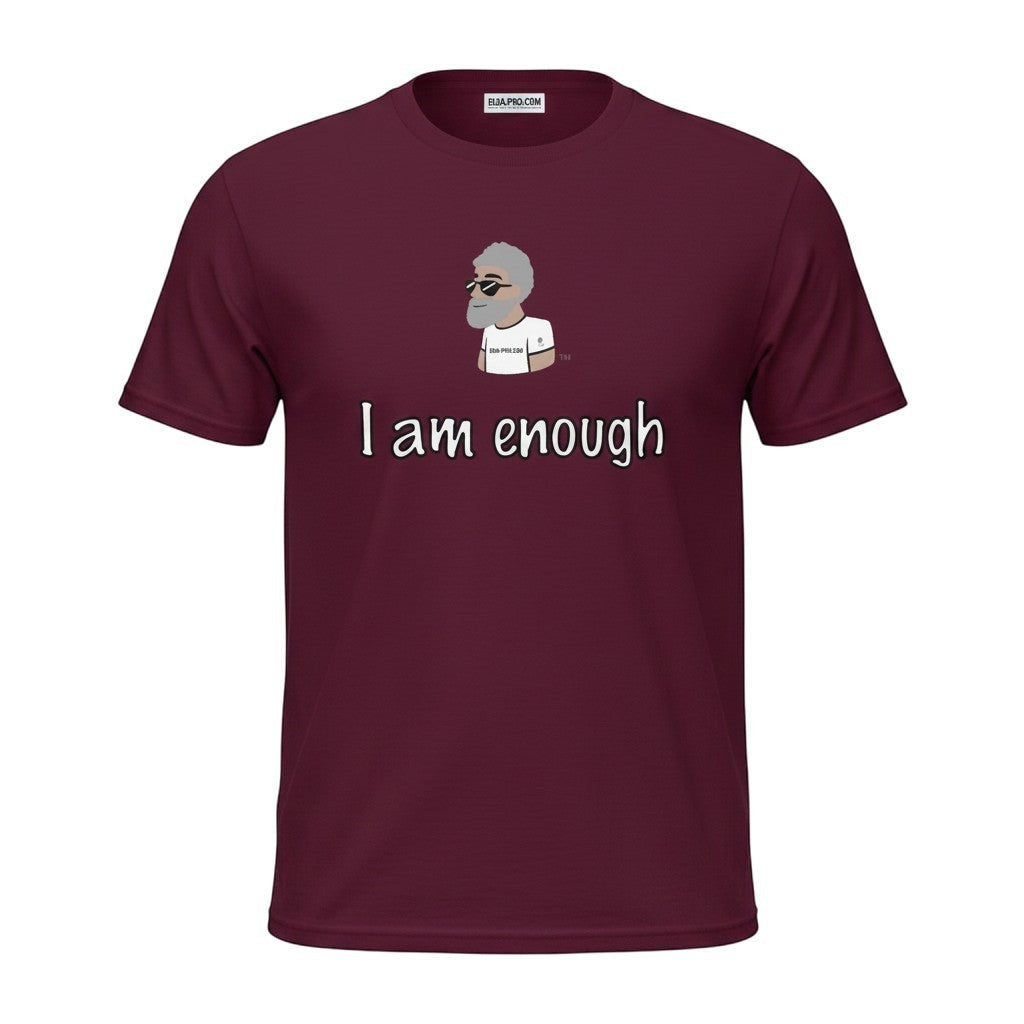 Big Daddy Allen Productions maroon cotton t-shirt with "I am enough" graphic and cartoon character.