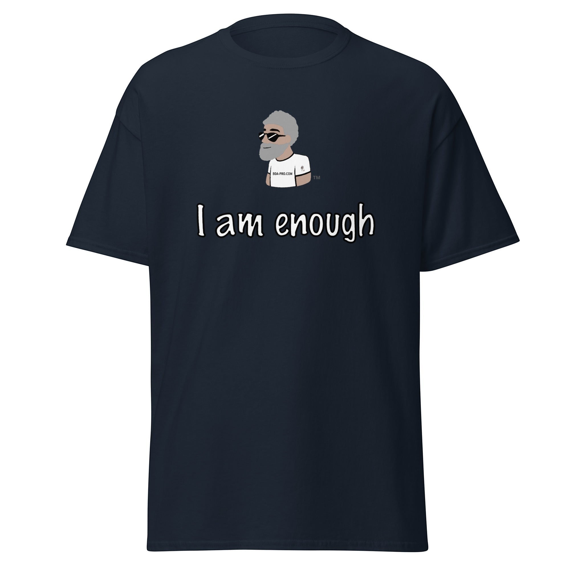 Big Daddy Allen Productions navy blue cotton t-shirt with graphic I am enough and BDA logo