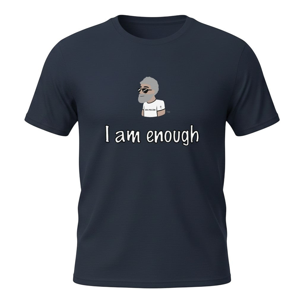 Big Daddy Allen Productions navy blue cotton t-shirt with "I Am Enough" graphic and cartoon character.