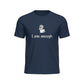 Big Daddy Allen Productions navy blue graphic t-shirt with "I Am Enough" slogan and cartoon illustration.