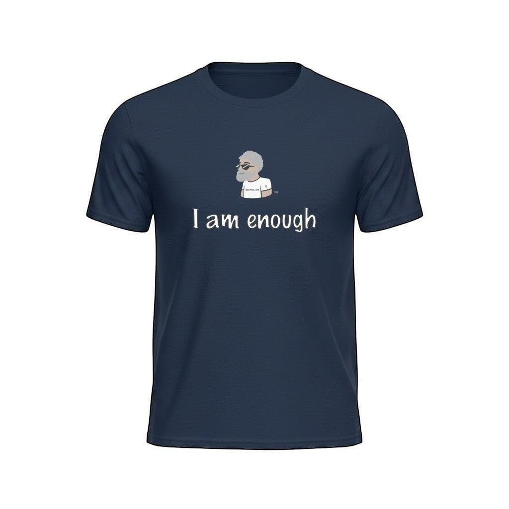 Big Daddy Allen Productions navy blue graphic t-shirt with "I Am Enough" slogan and cartoon illustration.