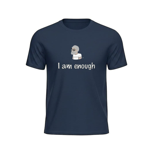 Big Daddy Allen Productions navy blue graphic t-shirt with "I Am Enough" slogan and cartoon illustration.
