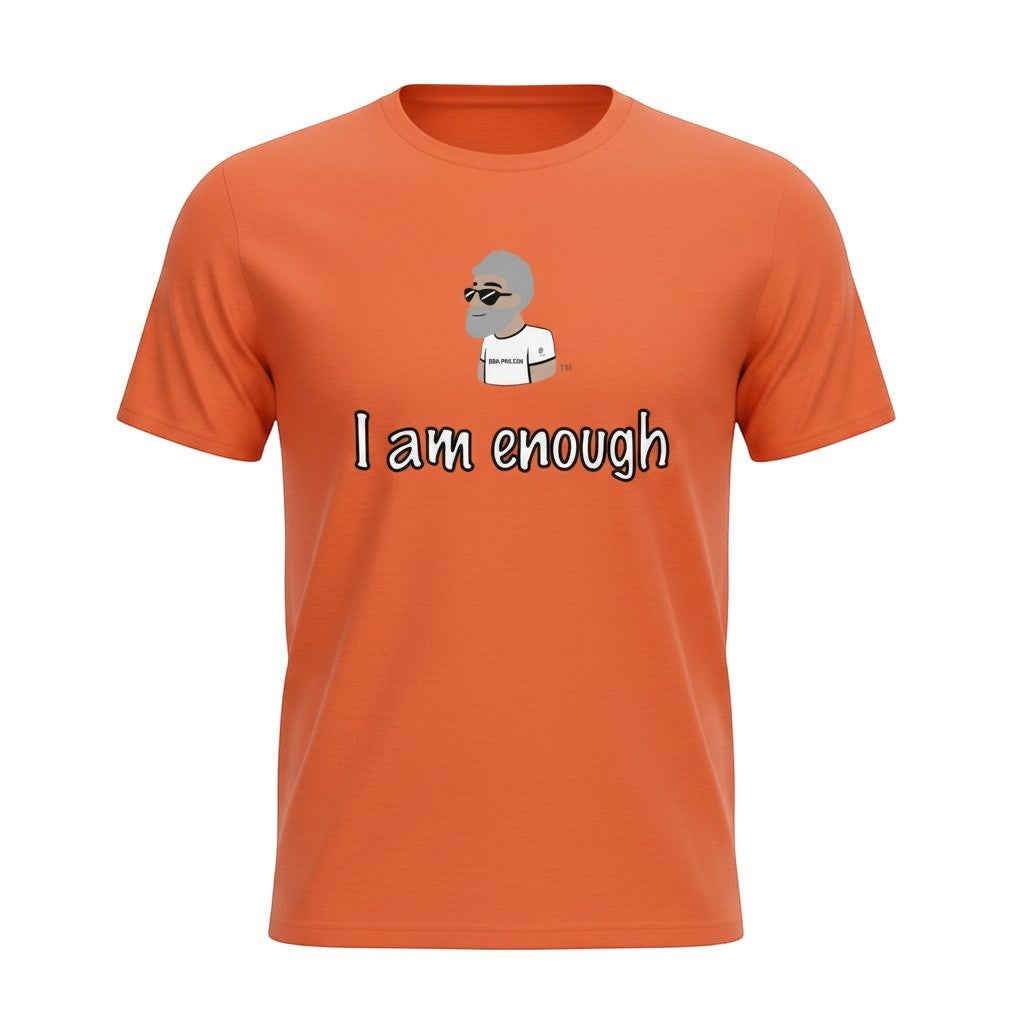 Big Daddy Allen Productions orange cotton t-shirt with "I am enough" graphic and cartoon character.