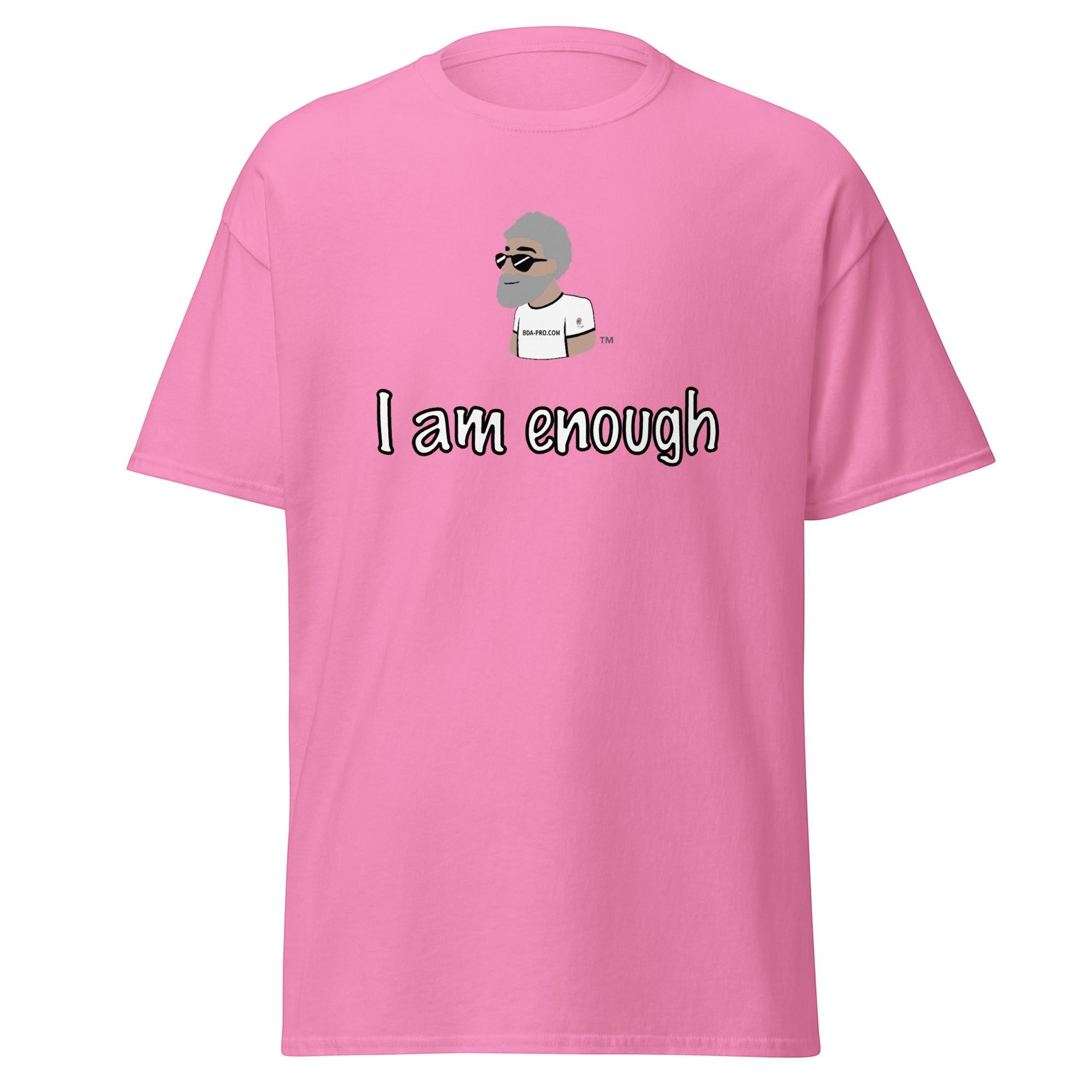 Big Daddy Allen Productions pink cotton t-shirt with graphic I am enough and BDA logo
