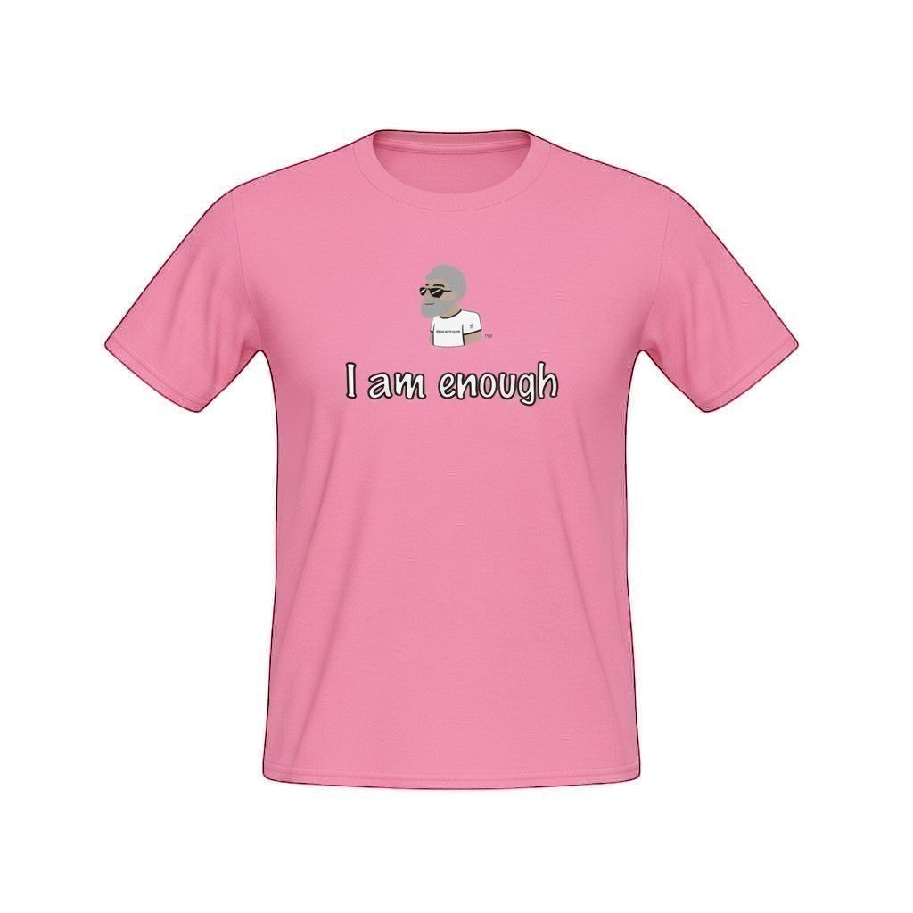 Big Daddy Allen Productions pink graphic t-shirt with "I Am Enough" slogan and cartoon character.
