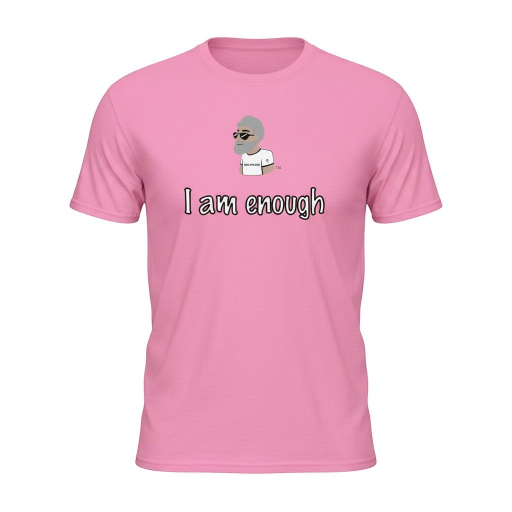 Big Daddy Allen Productions pink cotton t-shirt with "I Am Enough" graphic and cartoon character.