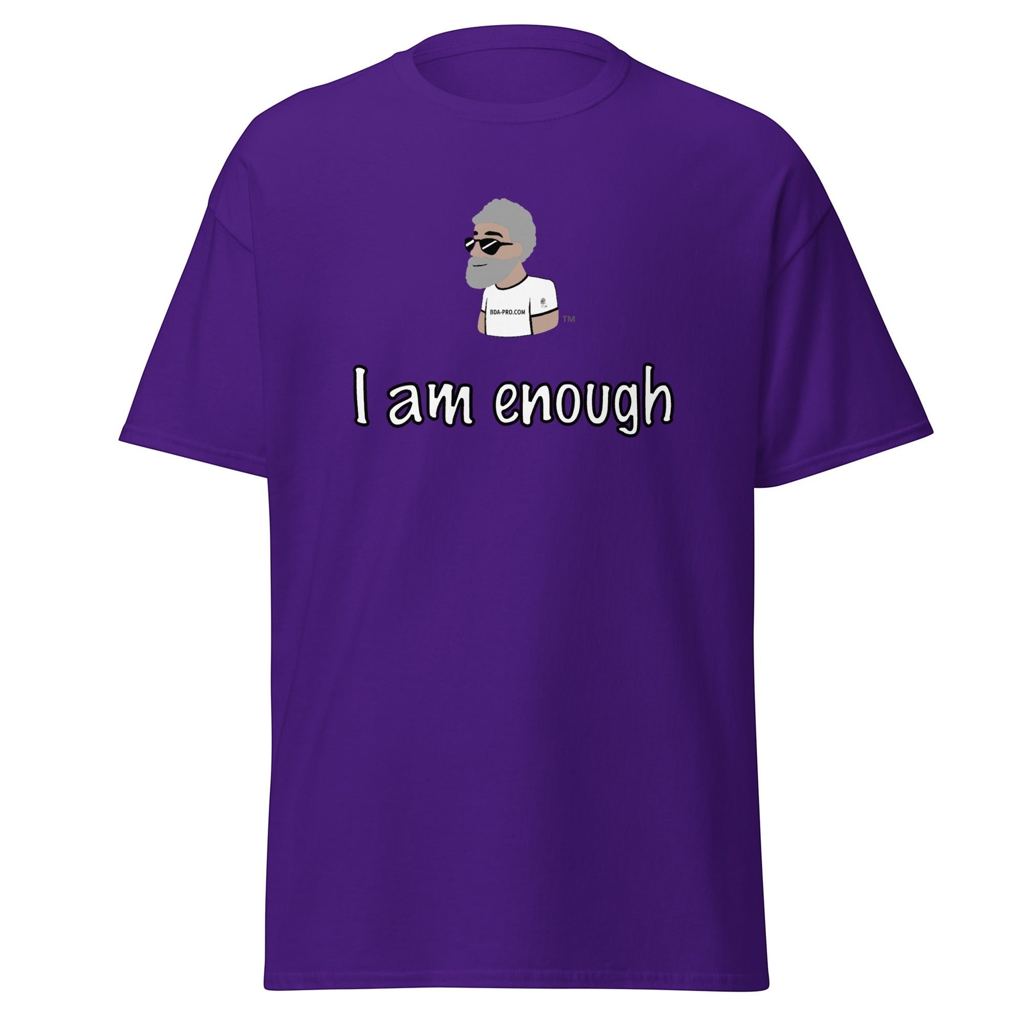 Big Daddy Allen Productions purple cotton t-shirt with graphic I am enough and BDA logo