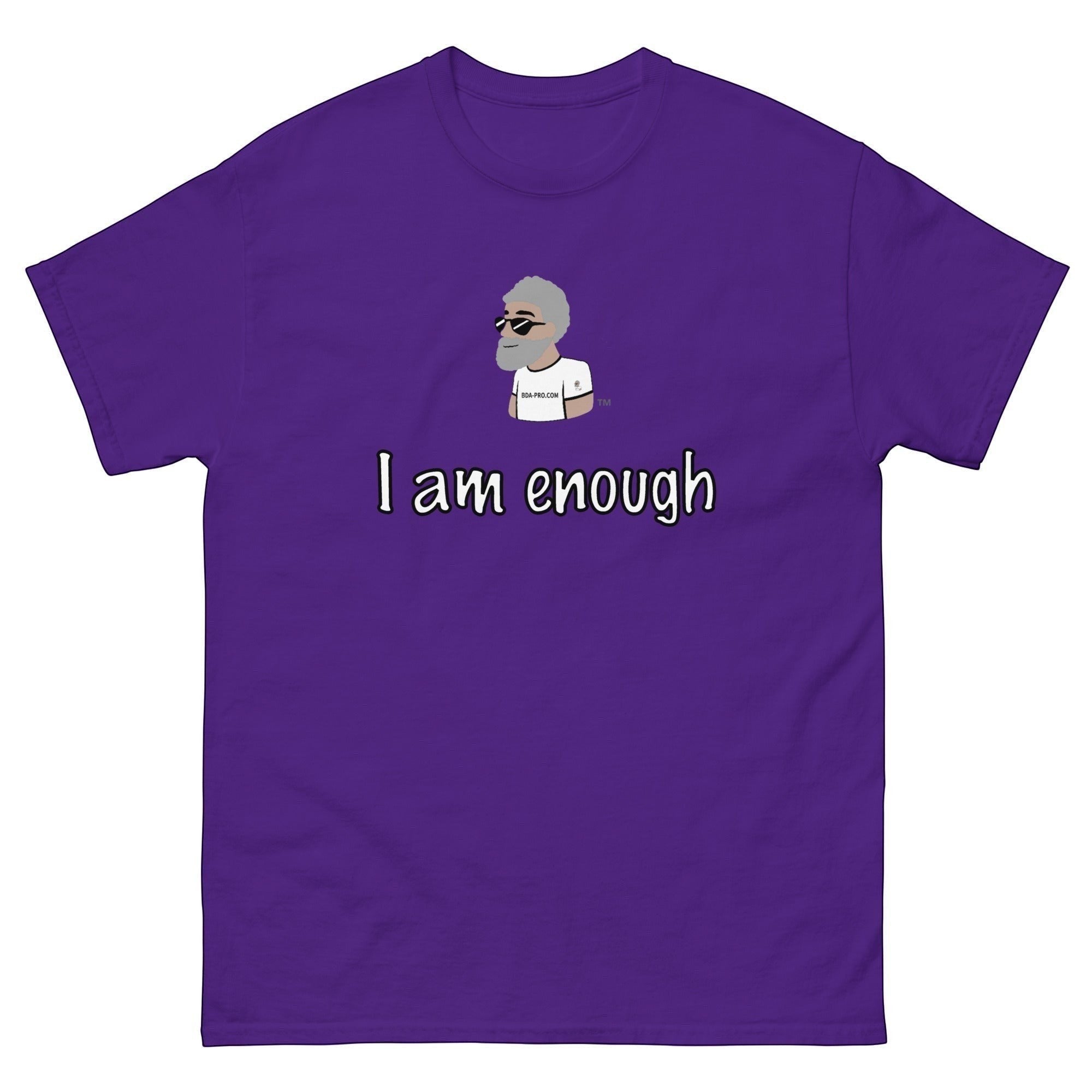 Big Daddy Allen Productions purple cotton t-shirt with "I Am Enough" graphic and the BDA logo.
