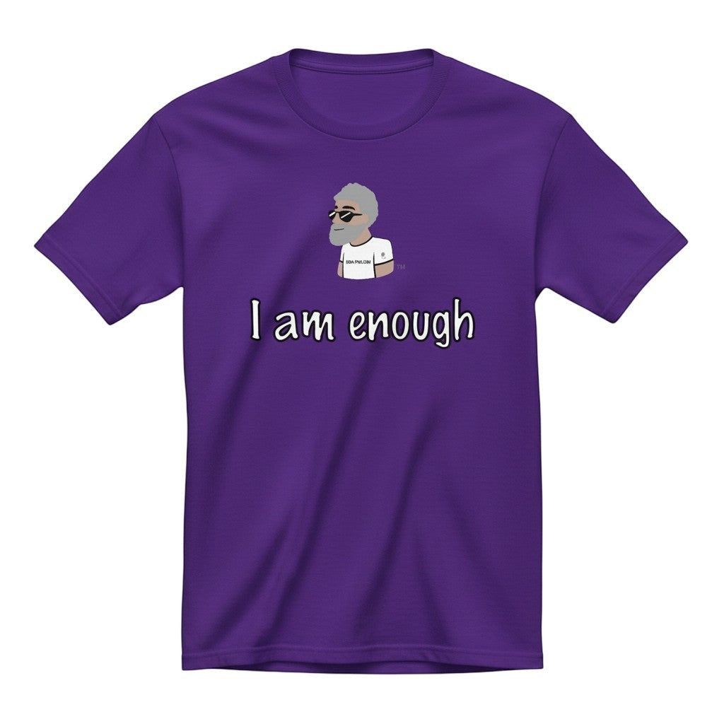 Big Daddy Allen Productions purple cotton t-shirt with "I Am Enough" graphic and cartoon character.