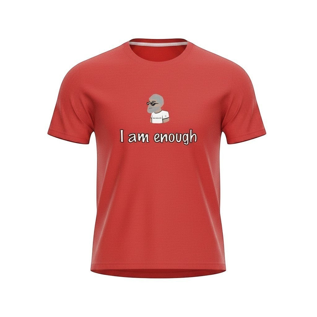 Big Daddy Allen Productions red graphic t-shirt with "I Am Enough" slogan and BDA logo.