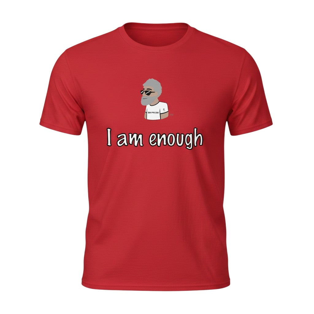 Big Daddy Allen Productions red cotton t-shirt with "I Am Enough" graphic and cartoon character.