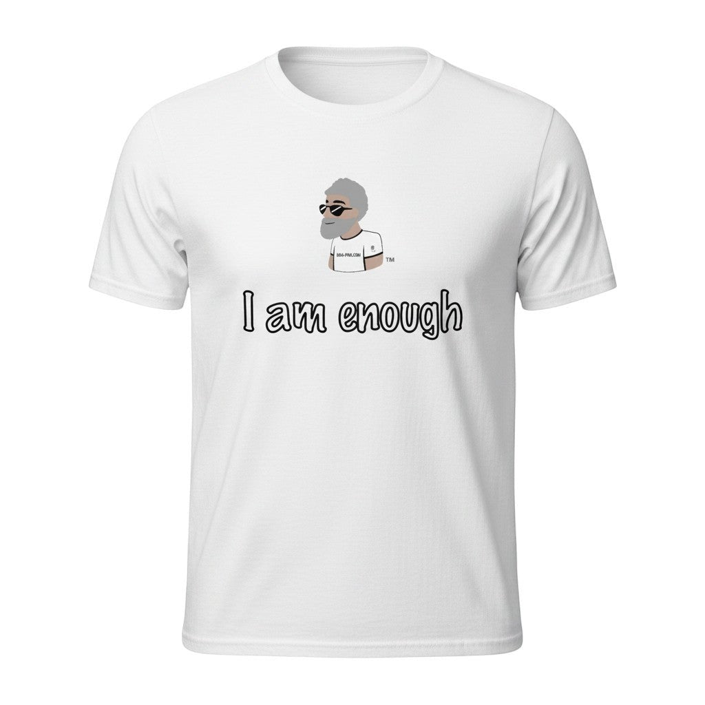 Big Daddy Allen Productions white cotton t-shirt with "I Am Enough" graphic and cartoon character.