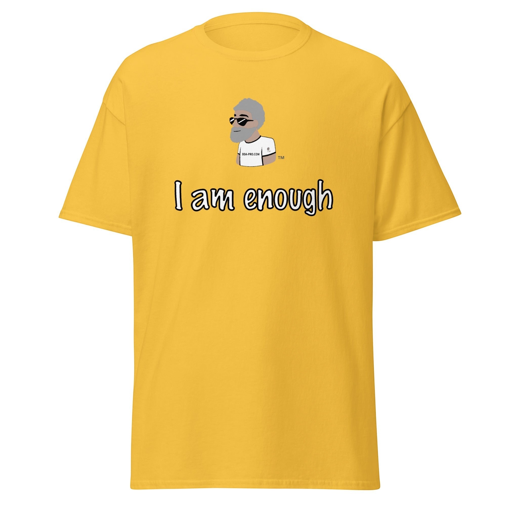 Big Daddy Allen Productions yellow cotton t-shirt with graphic I am enough and BDA logo