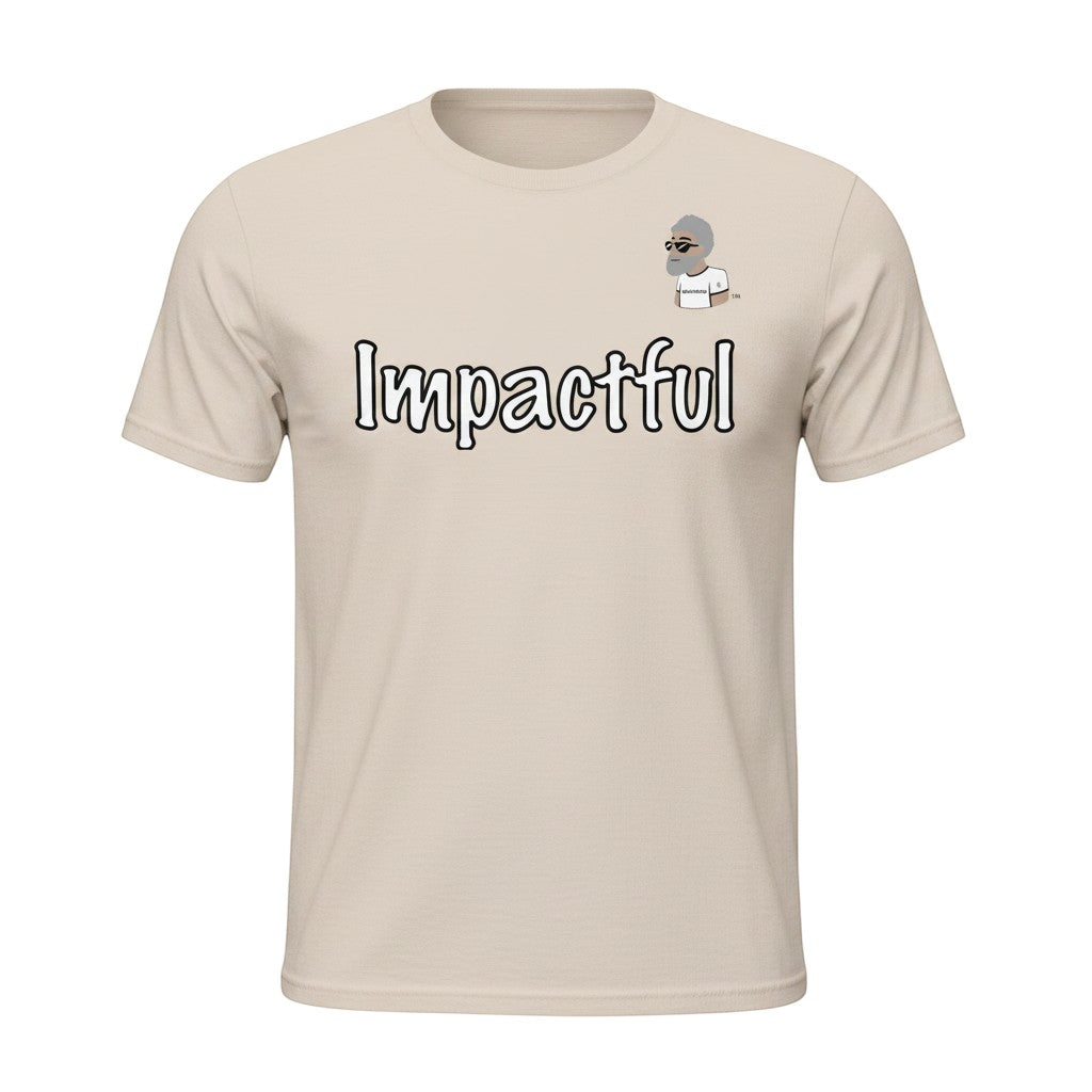 Big Daddy Allen Productions beige cotton t-shirt with "Impactful" graphic and BDA logo. Comfortable fit for everyday wear.