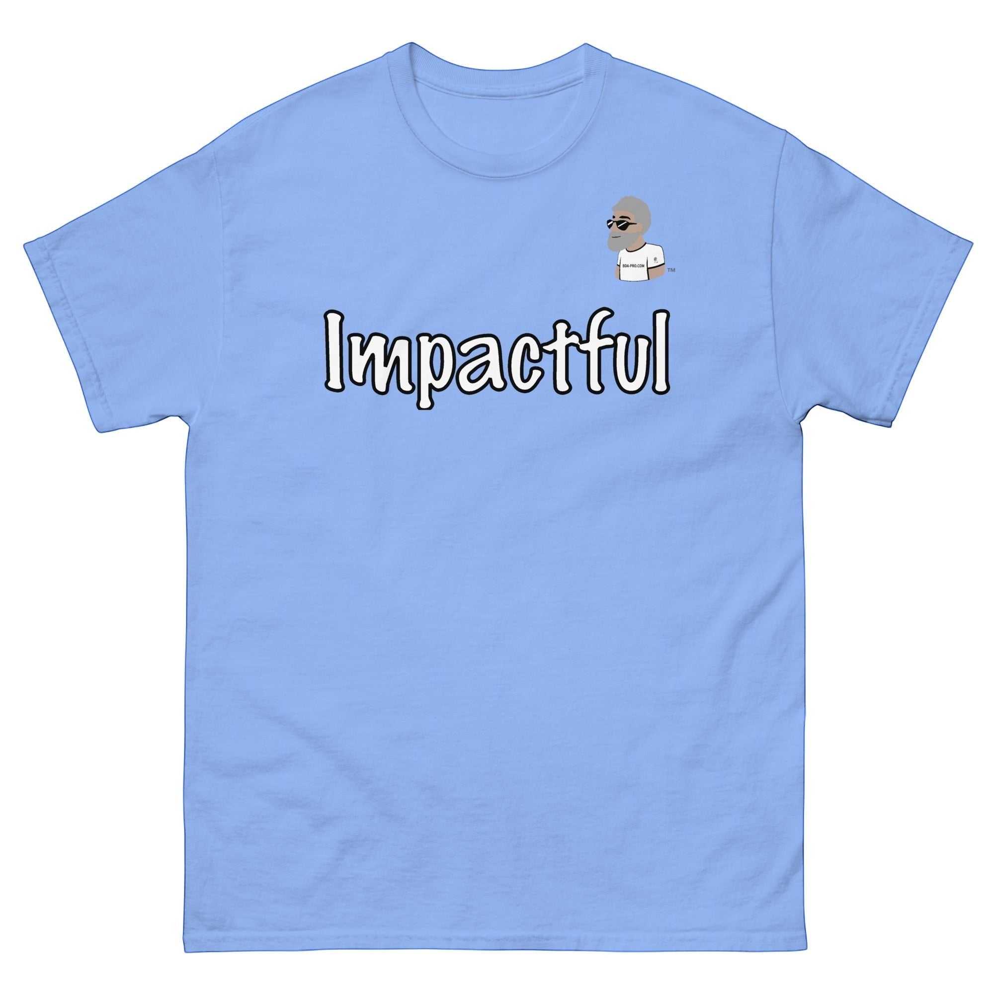 Big Daddy Allen Productions light blue cotton t-shirt with "Impactful" graphic and BDA logo.