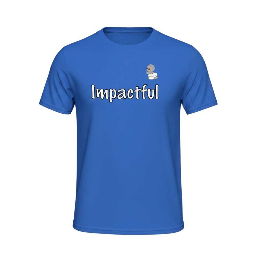 Big Daddy Allen Productions blue cotton t-shirt with white "Impactful" graphic and BDA logo.