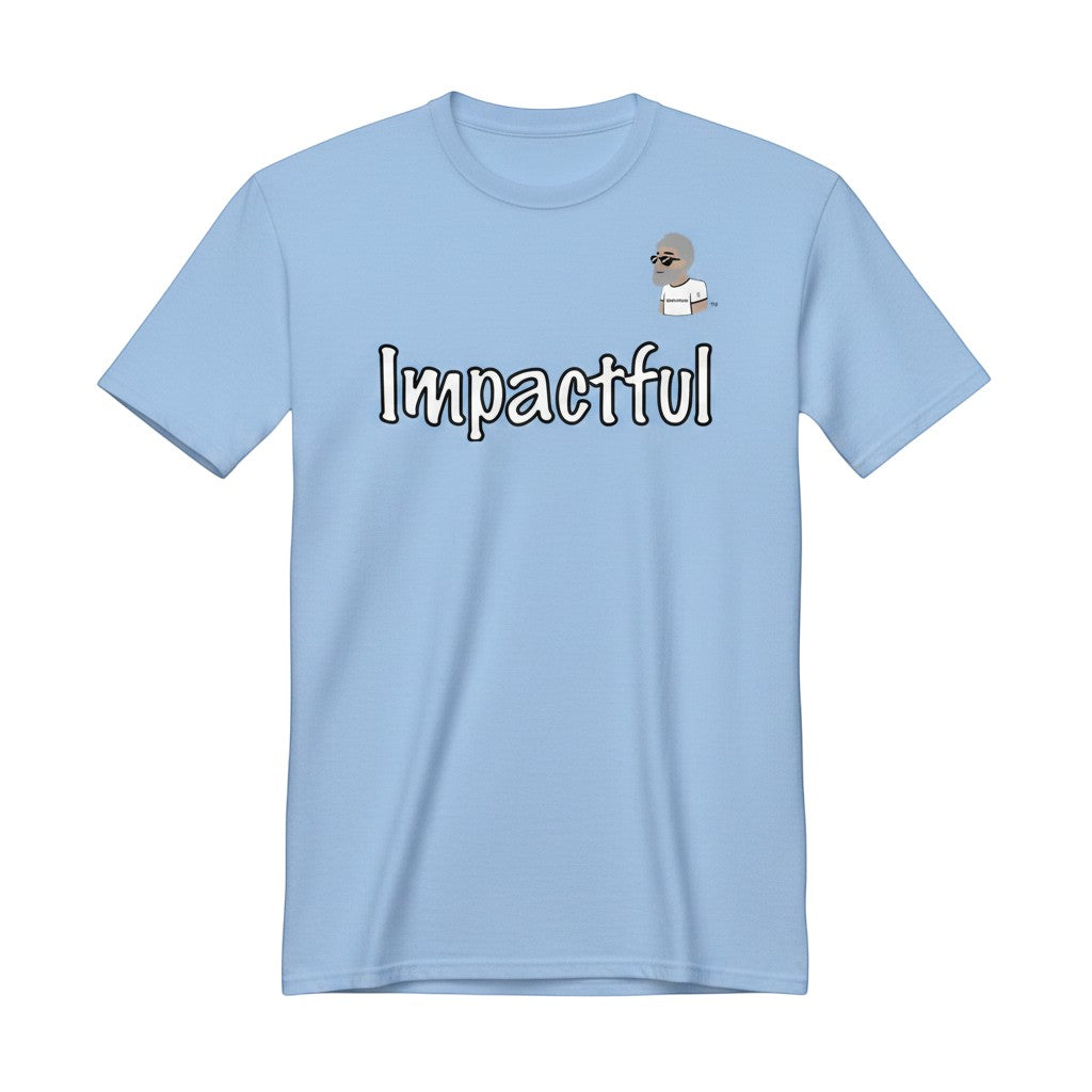 Big Daddy Allen Productions light blue cotton t-shirt with "Impactful" graphic and BDA logo.