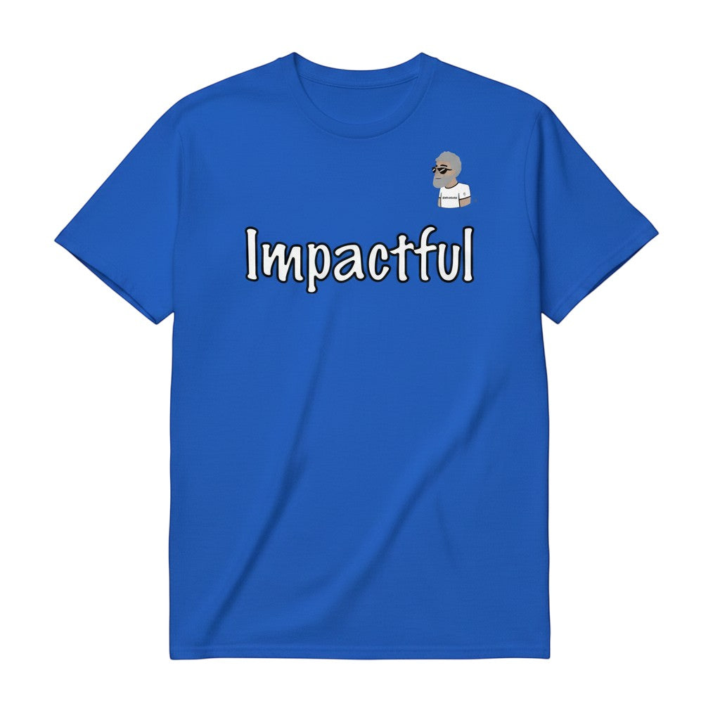 Big Daddy Allen Productions blue cotton t-shirt with "Impactful" graphic and BDA logo. Crew neck, short sleeves.