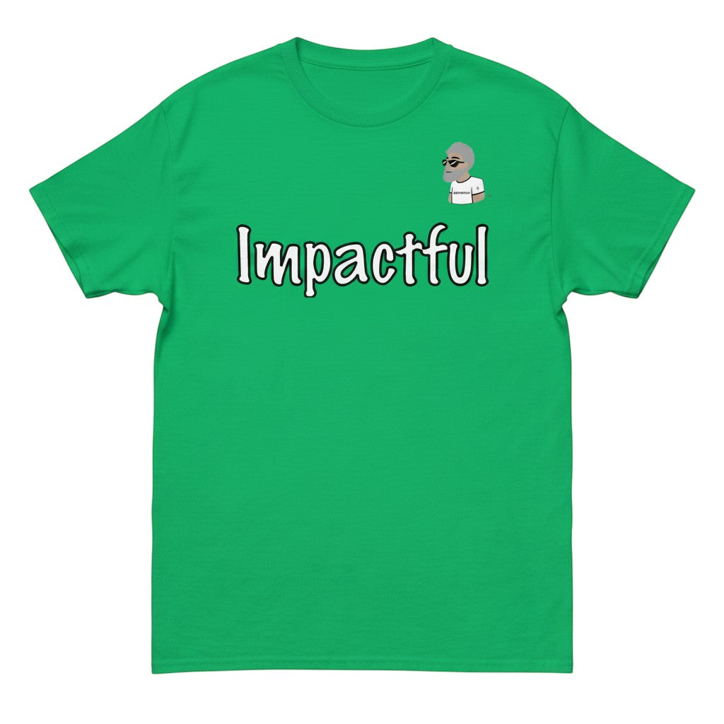 Big Daddy Allen Productions green cotton t-shirt with "Impactful" text and BDA logo graphic.