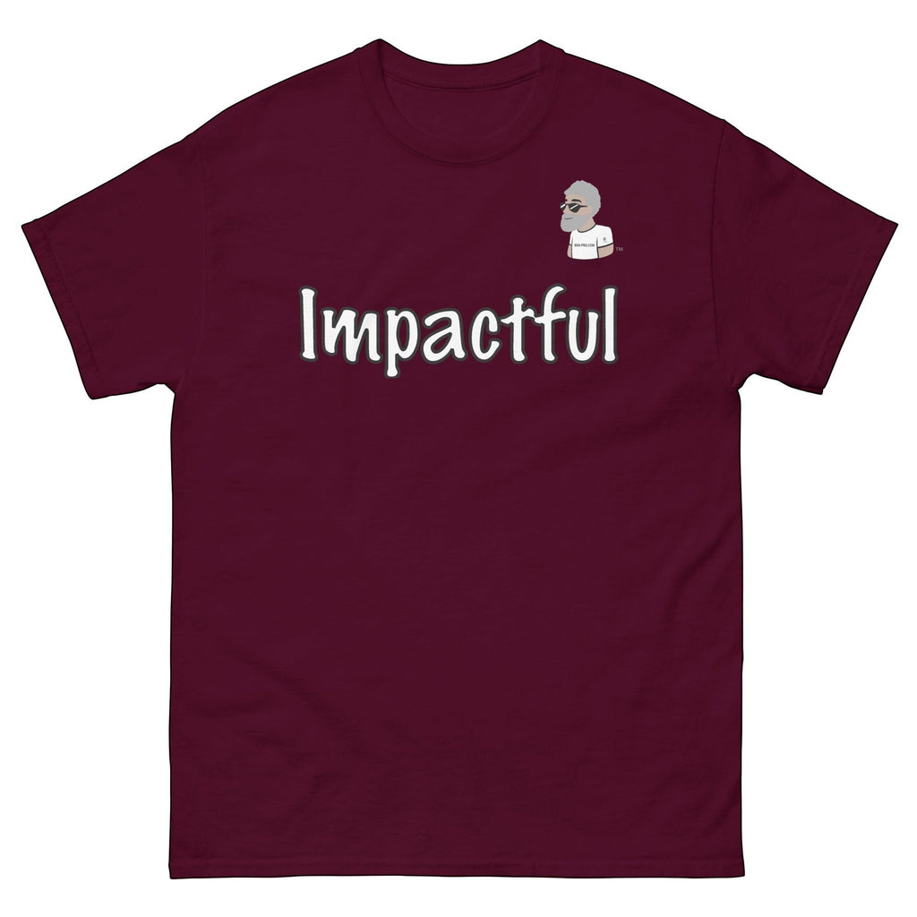 Big Daddy Allen Productions maroon cotton t-shirt with "Impactful" graphic and BDA logo.