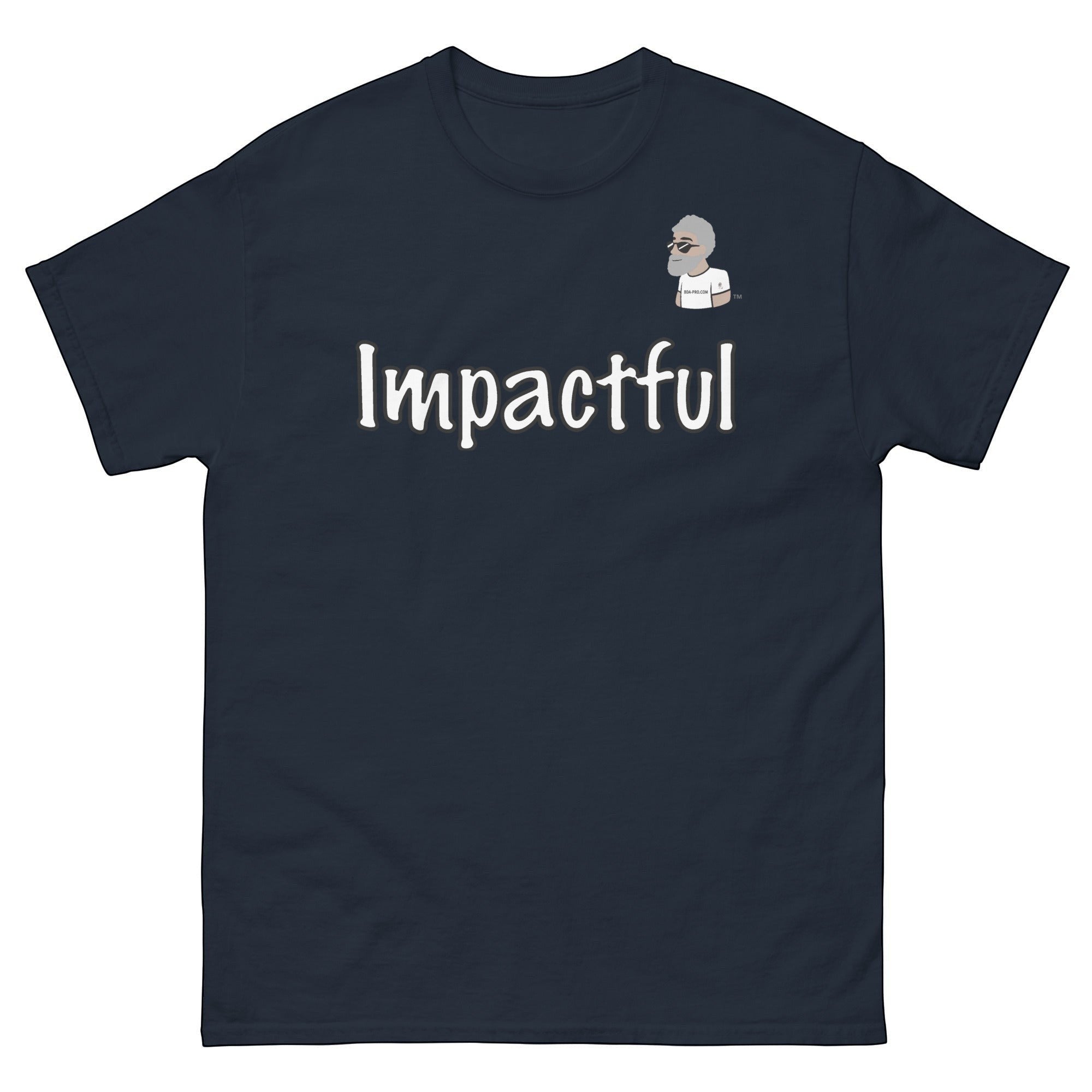 Big Daddy Allen Productions navy blue cotton t-shirt with "Impactful" graphic and BDA logo.