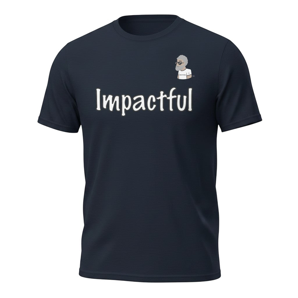 Big Daddy Allen Productions navy blue cotton t-shirt with "Impactful" graphic and cartoon portrait.