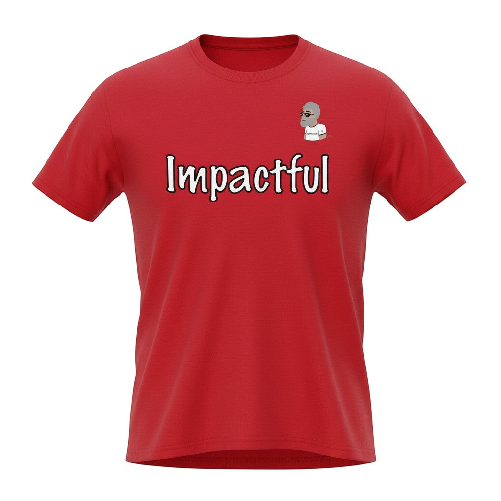 Big Daddy Allen Productions red cotton t-shirt with "Impactful" graphic and BDA logo. Crew neck, short sleeves.