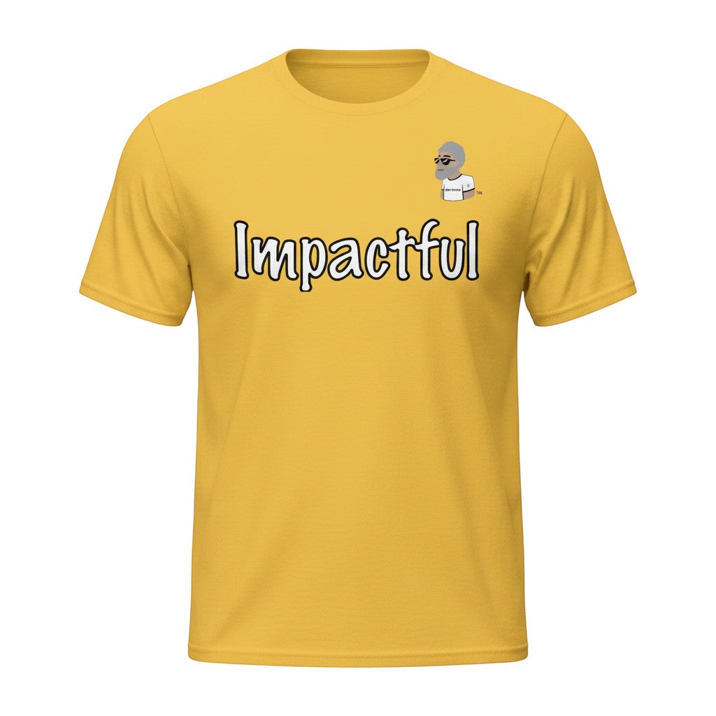 Big Daddy Allen Productions yellow cotton t-shirt with "Impactful" graphic and BDA logo.