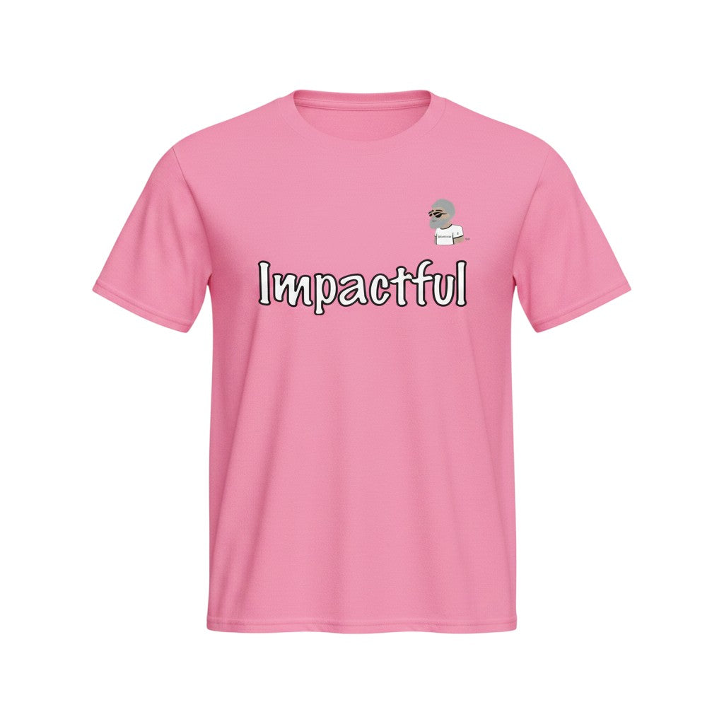 Big Daddy Allen Productions pink cotton t-shirt with "Impactful" graphic and BDA logo. Soft, breathable, and durable for everyday wear.