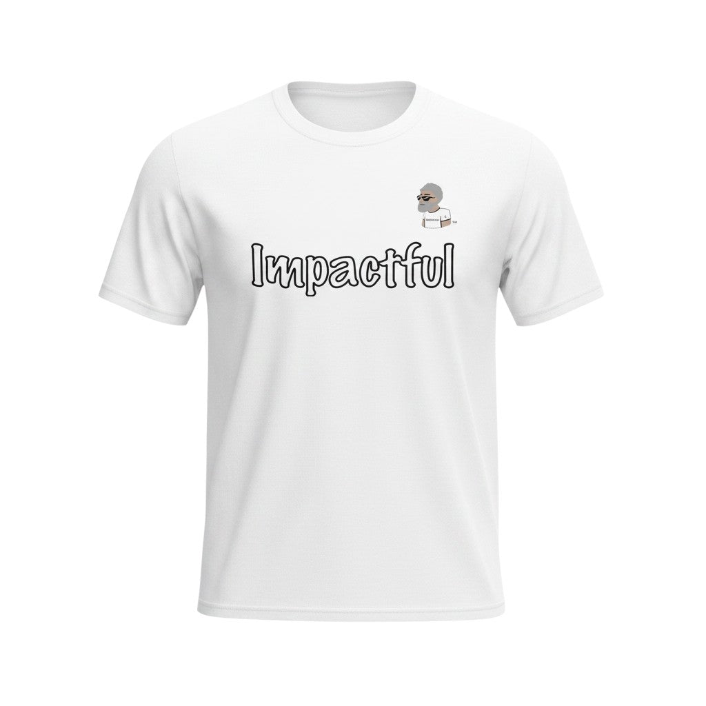 Big Daddy Allen Productions white cotton t-shirt with "Impactful" graphic and BDA logo.