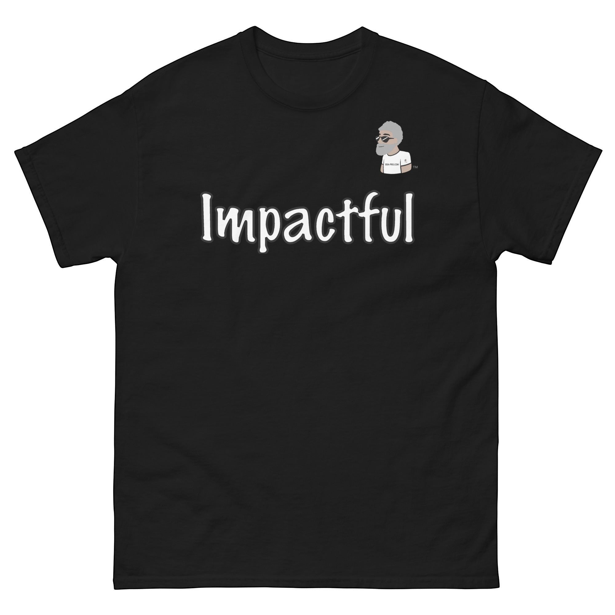 Big Daddy Allen Productions black cotton t-shirt with "Impactful" graphic and BDA logo. Crew neck, short sleeves.