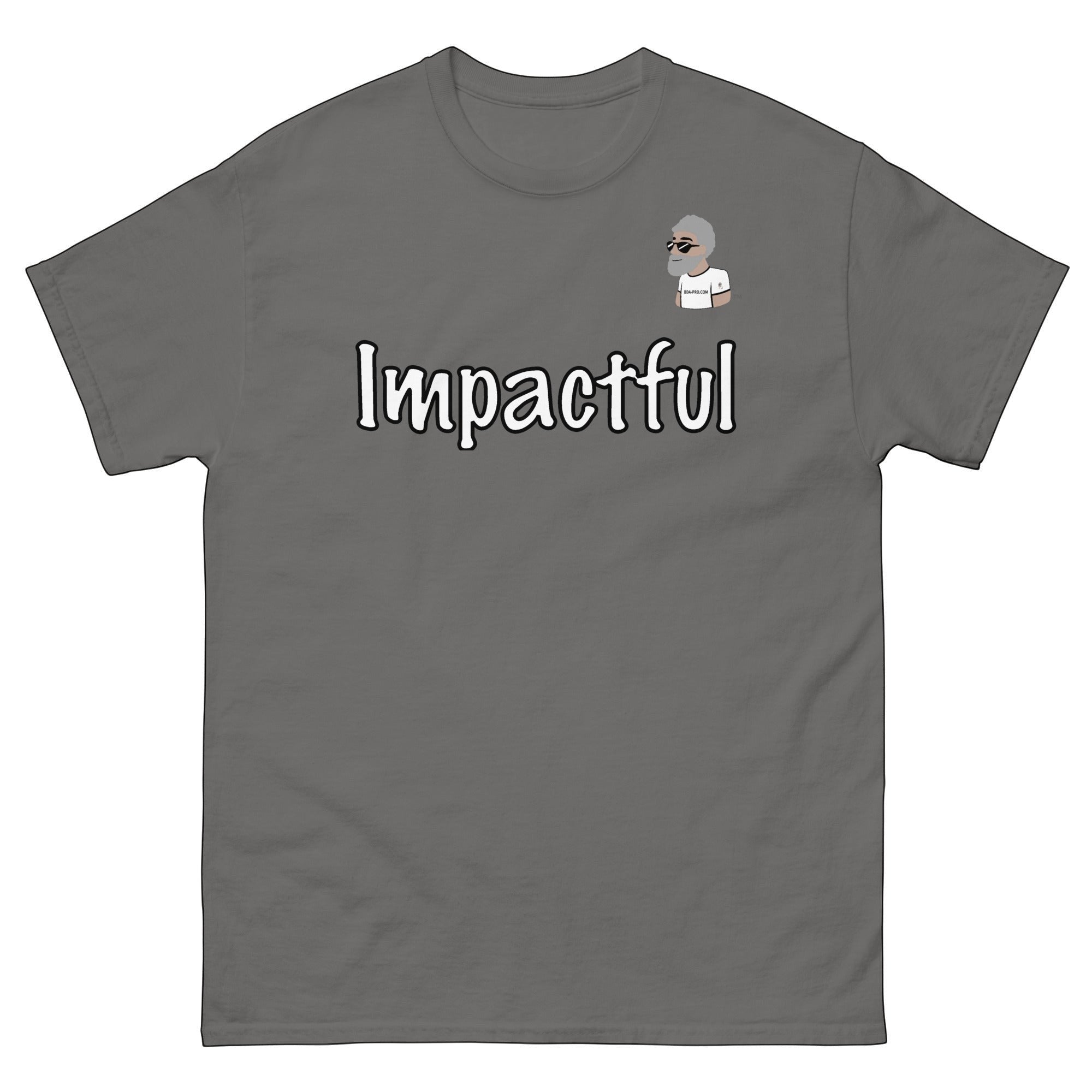 Big Daddy Allen Productions grey cotton t-shirt with "Impactful" graphic and cartoon logo.