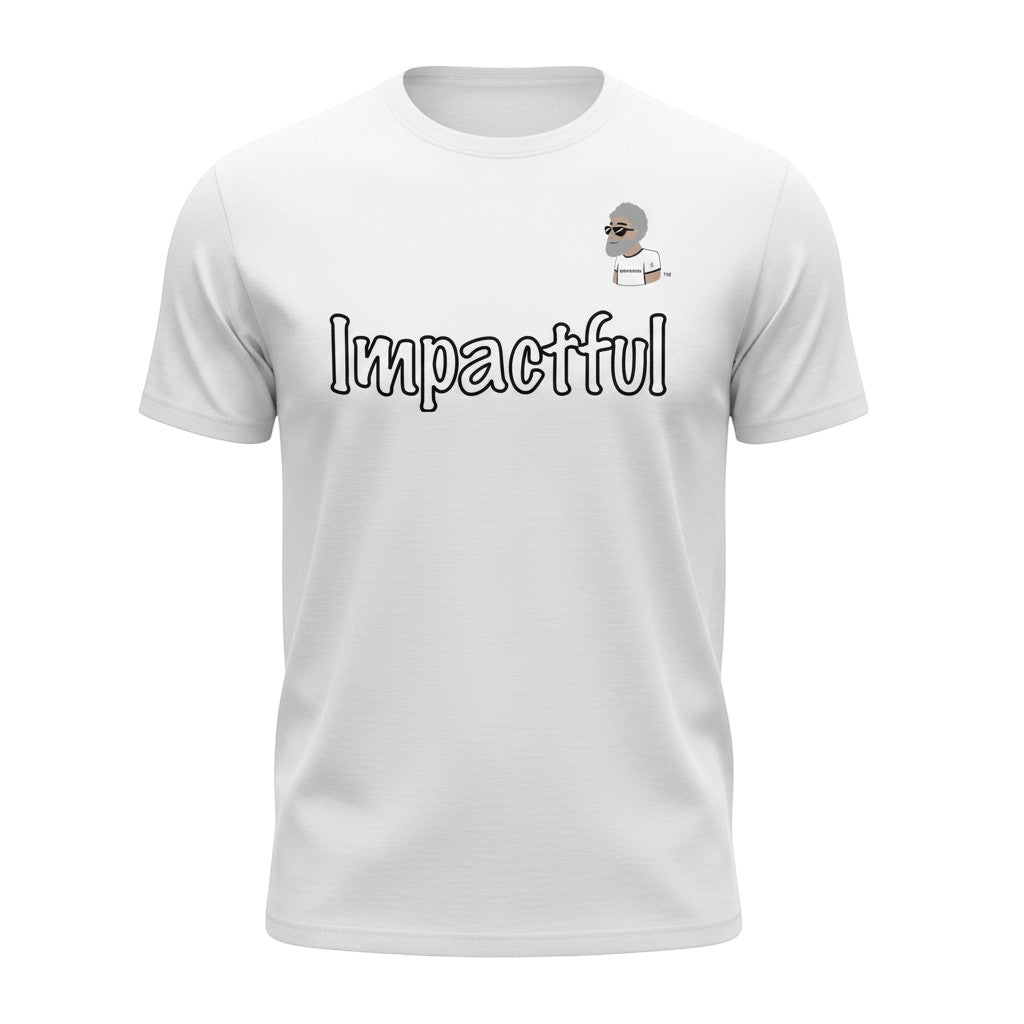 Big Daddy Allen Productions white cotton t-shirt with "Impactful" graphic and BDA logo.