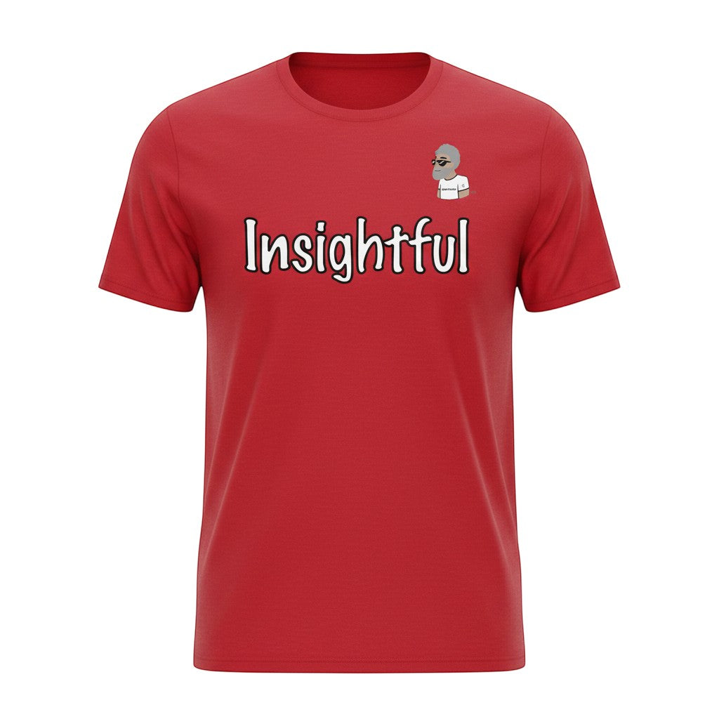 Big Daddy Allen Productions red cotton t-shirt with white "Insightful" graphic and BDA logo.