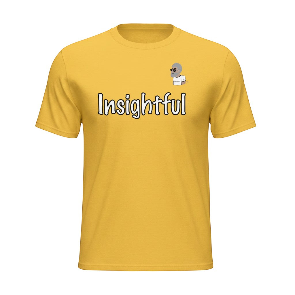 Big Daddy Allen Productions yellow cotton t-shirt with white "Insightful" graphic and BDA logo.