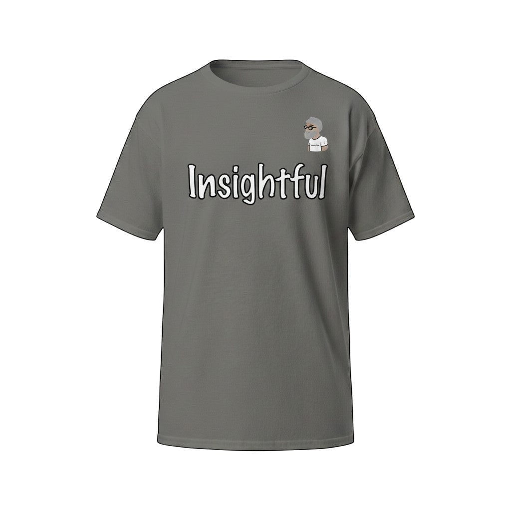 Big Daddy Allen Productions charcoal gray cotton t-shirt with the word Insightful and BDA logo.