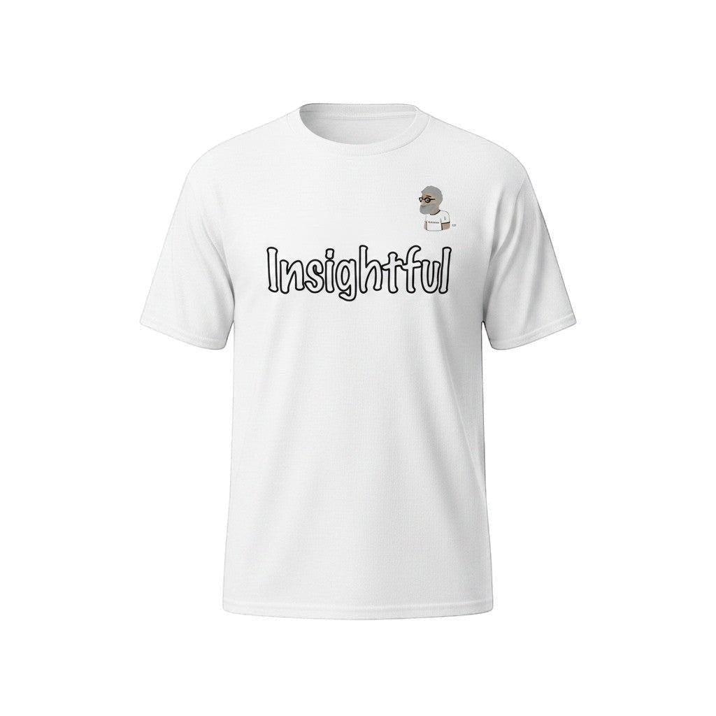 Big Daddy Allen Productions white cotton t-shirt with "Insightful" graphic and BDA logo.