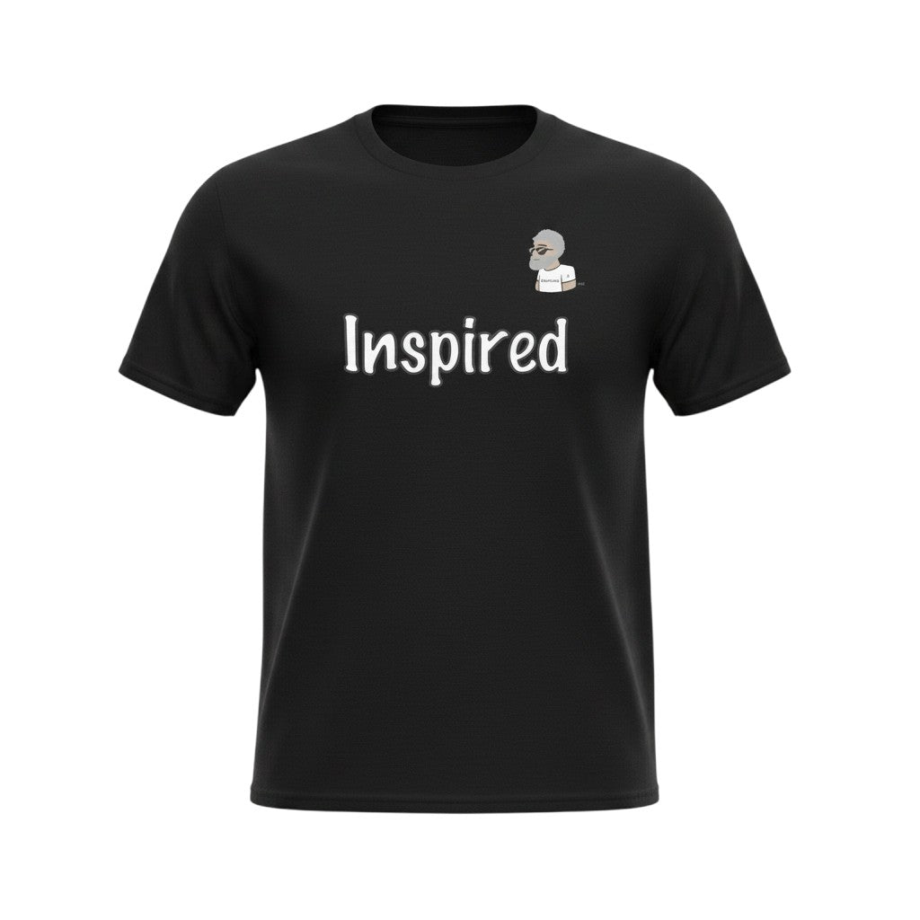 Big Daddy Allen Productions black cotton t-shirt with white "Inspired" text and BDA logo graphic.