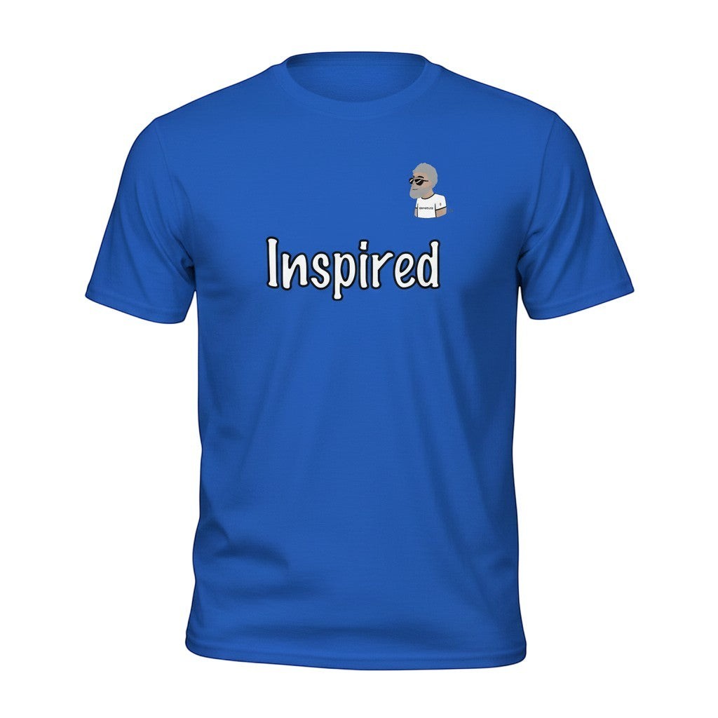 Big Daddy Allen Productions blue cotton t-shirt with "Inspired" graphic and BDA logo.