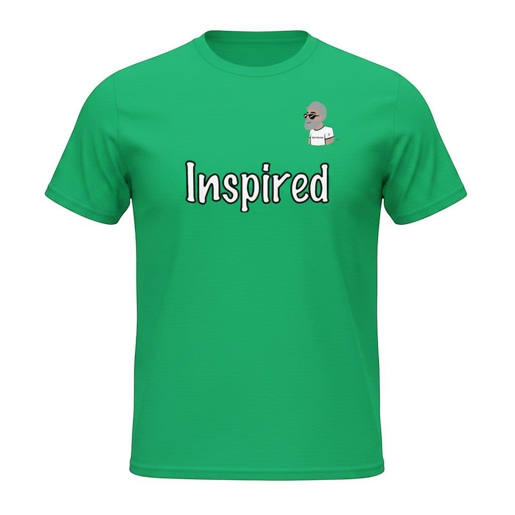 Big Daddy Allen Productions green cotton t-shirt with "Inspired" graphic and BDA logo. Crew neck, short sleeves.