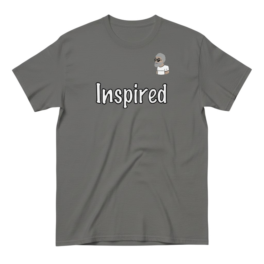 Big Daddy Allen Productions grey cotton t-shirt with "Inspired" graphic and BDA logo.